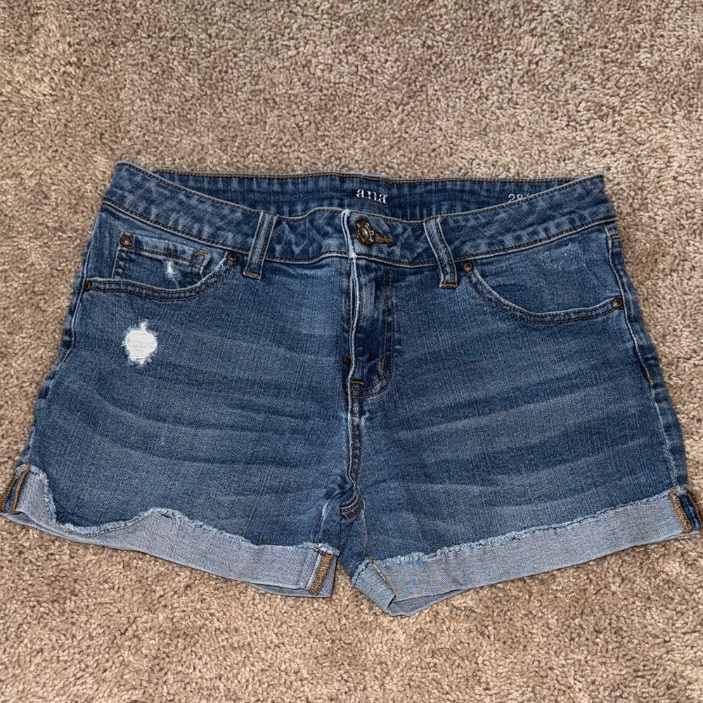 a.n.a Distressed Rolled Hem Dark Blue Denim Shorts
